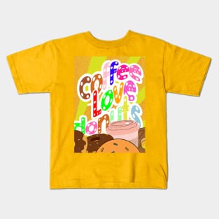 Coffee love donuts, colorful letters with white dots on a background of orange-yellow stripes, for coffee and sweets lovers Kids T-Shirt